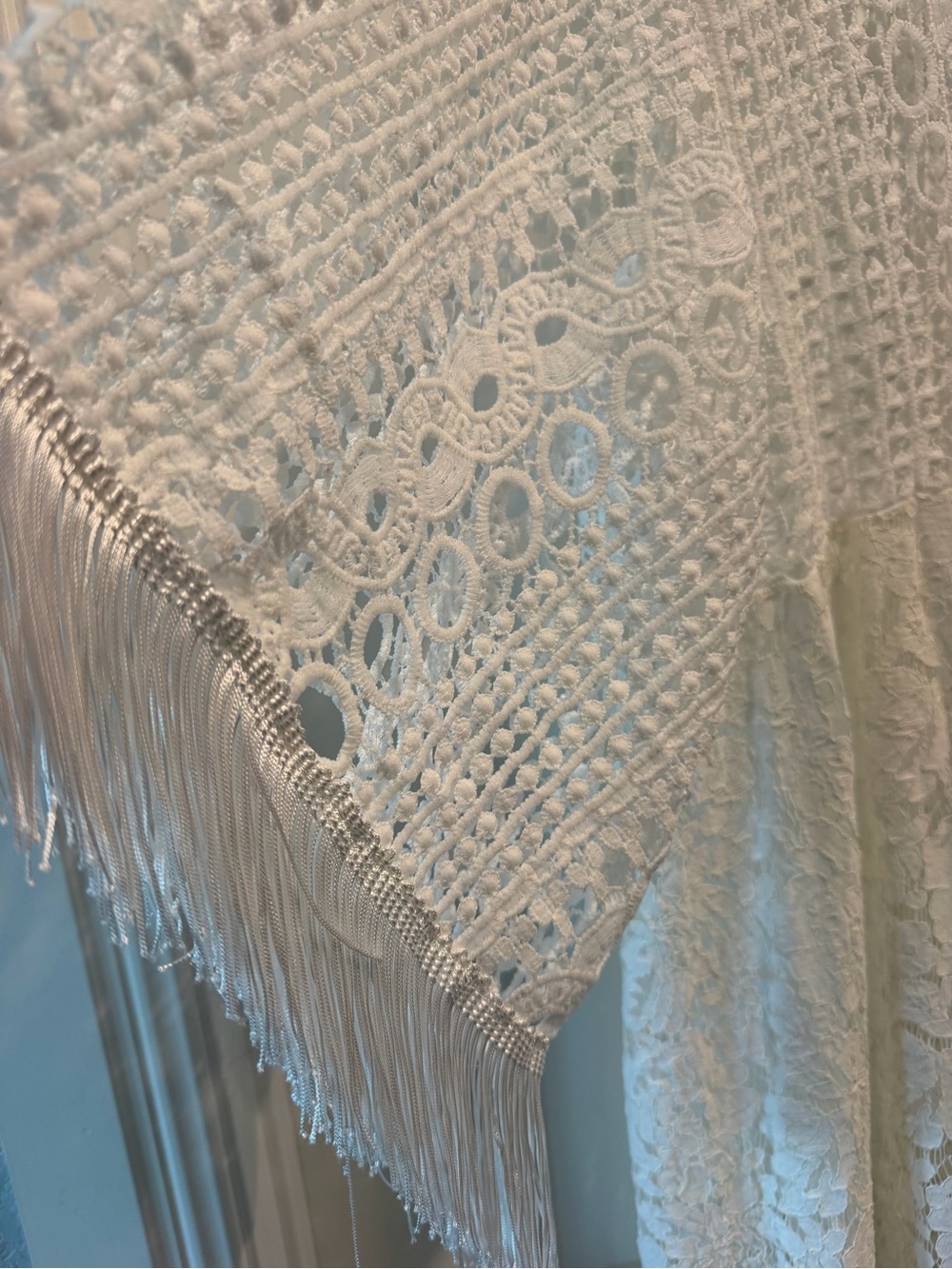 Boho Lace Maxi Dress with Crochet Yoke and Fringe Sleeves - White - Picture 3 of 6